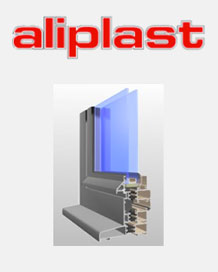 Aliplast-Logo und Schnitt durch ein Aluminiumprofil
