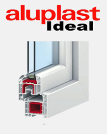 Aluplast-Ideal-Logo und Schnitt durch ein Aluplast-Fensterprofil