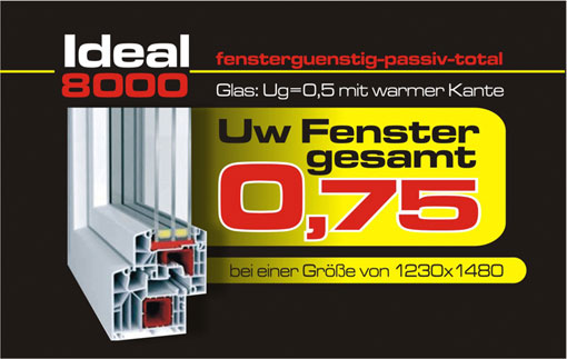 Aluplast Ideal 8000 fensterguenstig-passiv-total: Glas Ug 0,5 mit warmer Kante, Uw Fenster gesamt 0,75 bei einer Größe von 1230 x 1480