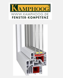 Kamphoog-Logo (Fenster-Kompetenz) und Schnitt durch ein Energiesparfenster